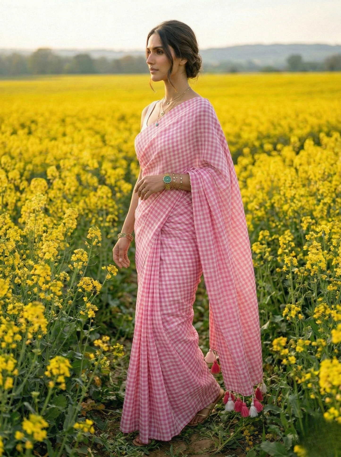 Blush Orchard - Soft Pink Gingham Mulmul Cotton Saree