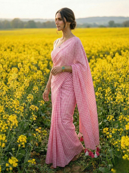 Blush Orchard - Soft Pink Gingham Mulmul Cotton Saree
