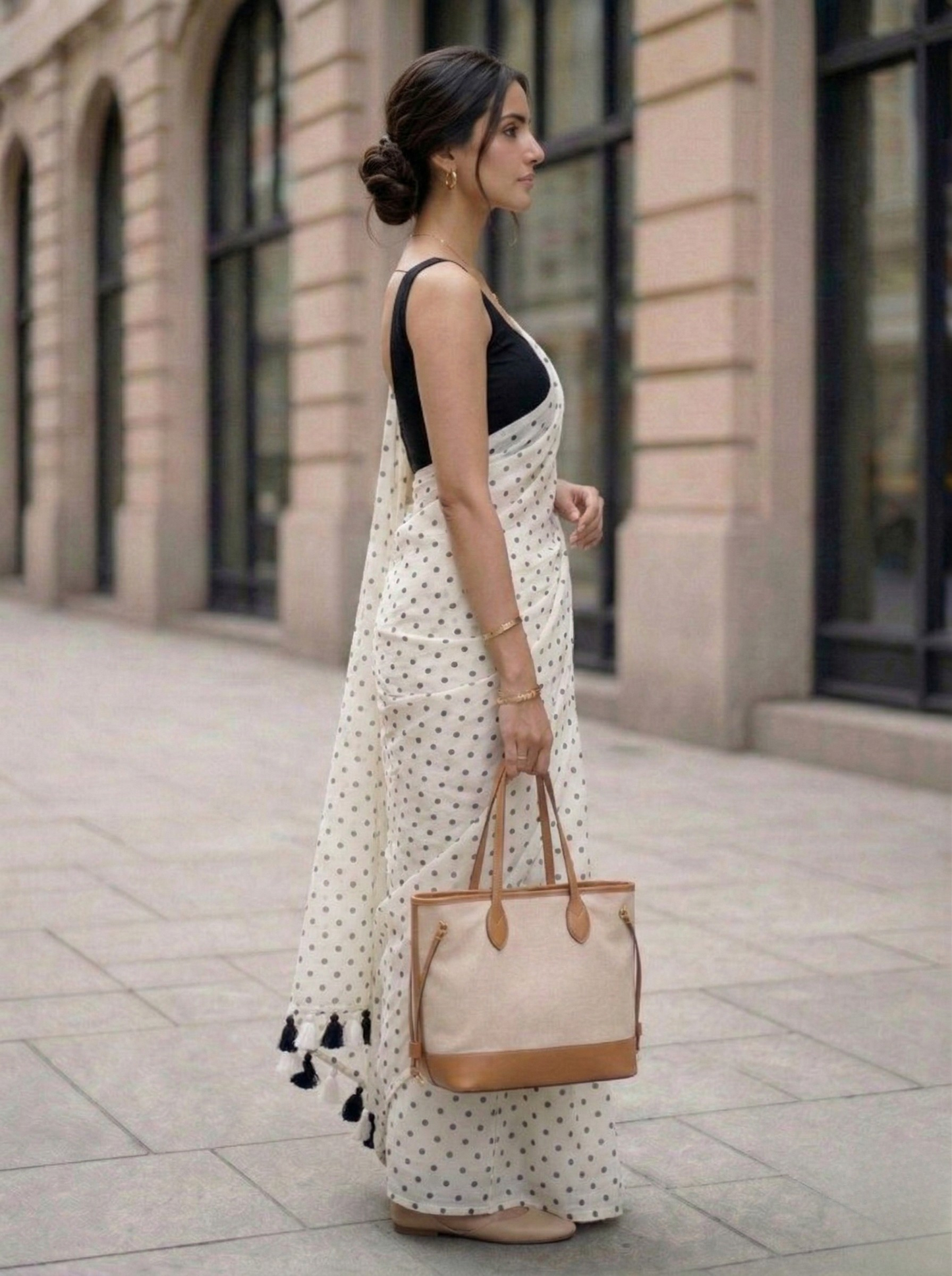 Moonlit Pearl - White Polka Dot Modal Cotton Saree
