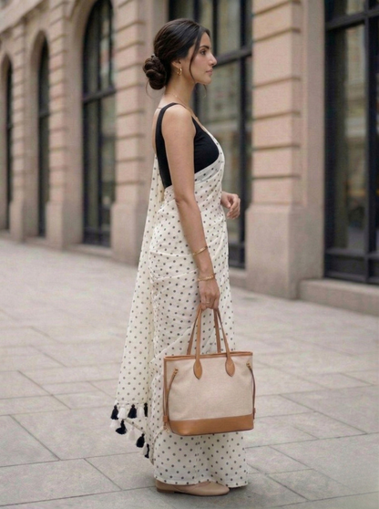 Moonlit Pearl - White Polka Dot Modal Cotton Saree