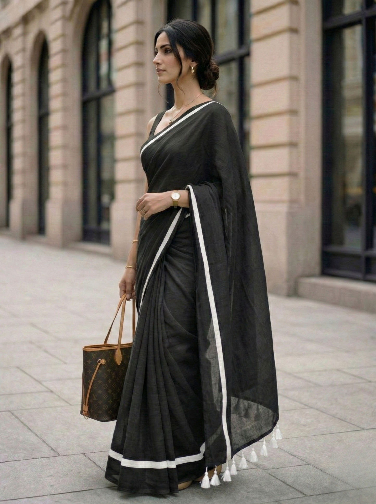 Wabi Sabi - Black Mulmul Cotton Saree with White Border