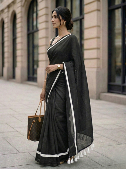 Wabi Sabi - Black Mulmul Cotton Saree with White Border