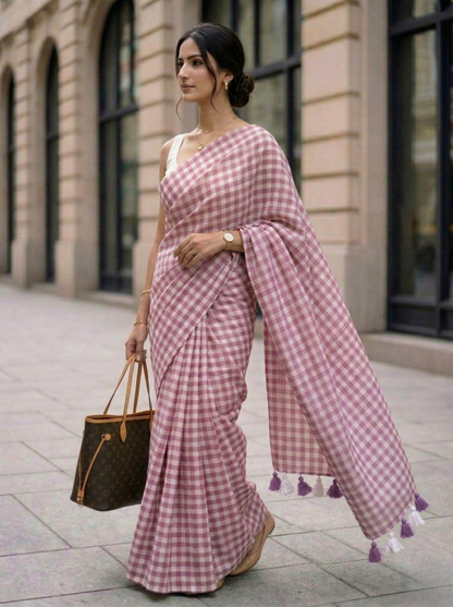 Dusty Petal - Mauve Gingham Mulmul Cotton Saree