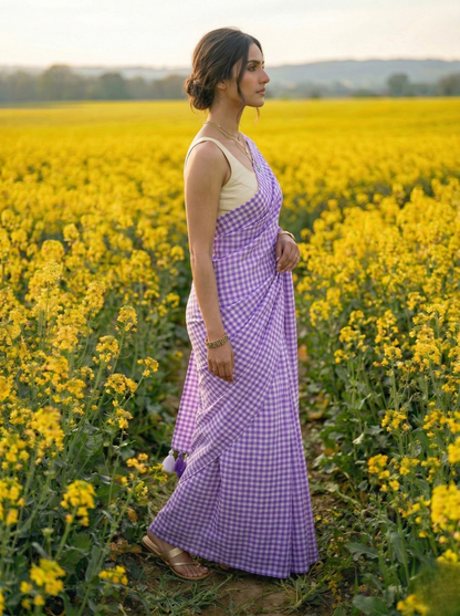 Wisteria Lane - Purple Gingham Mulmul Cotton Saree
