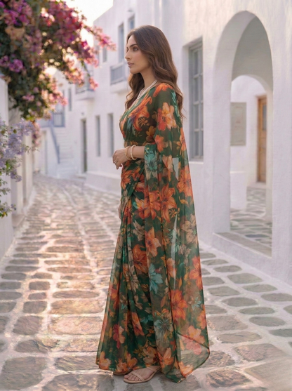 Orelia - Green Floral Print Pure Chiffon Saree