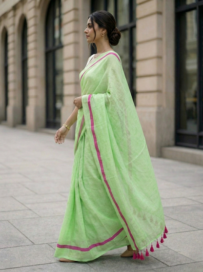 The Minimalist - Green Mulmul Cotton Saree with Pink Border