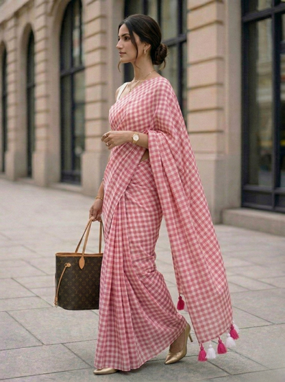 Poppy Seed - Red Gingham Mulmul Cotton Saree