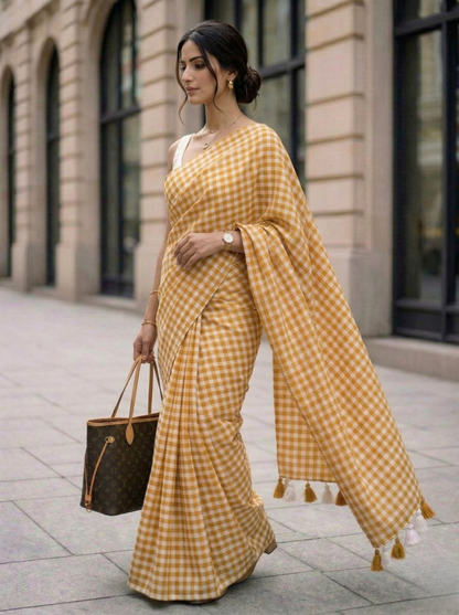 Harvest Sun - Mustard Yellow Gingham Mulmul Cotton Saree