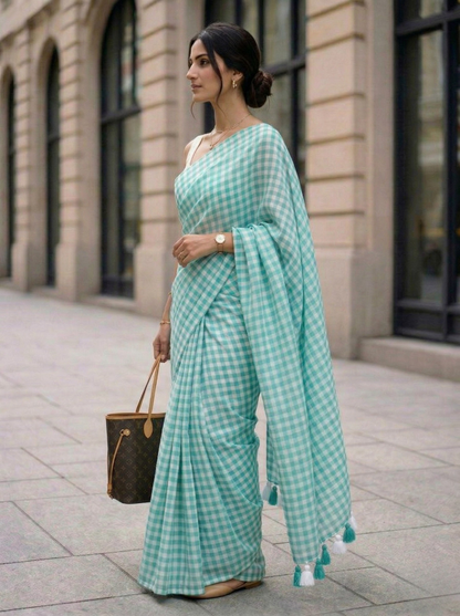 Cloudless Sky - Aqua Gingham Mulmul Cotton Saree