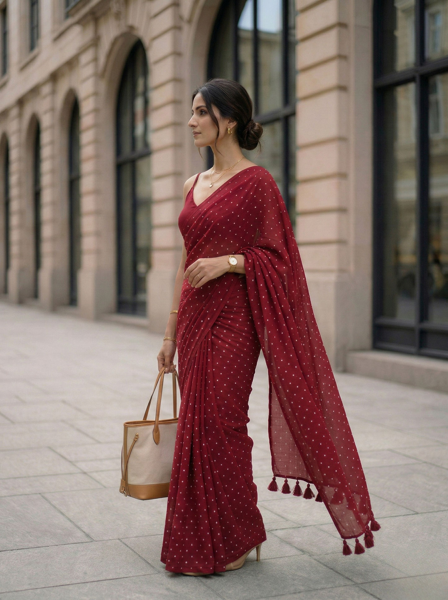 Regal Pin Drop - Maroon Polka Dot Modal Cotton Saree