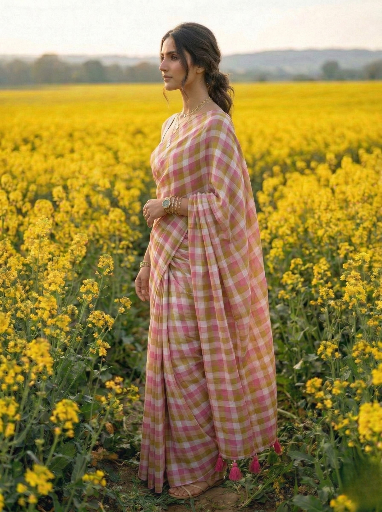 Morning Dew - Pink Lime Gingham Mulmul Cotton Saree