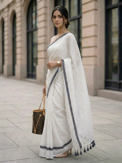 Muneer - White Mulmul Cotton Saree with Black Border