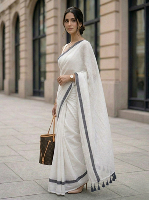 Muneer - White Mulmul Cotton Saree with Black Border