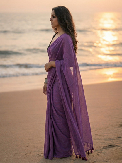 Twilight Bloom - Plain Deep Violet Mul Cotton Saree
