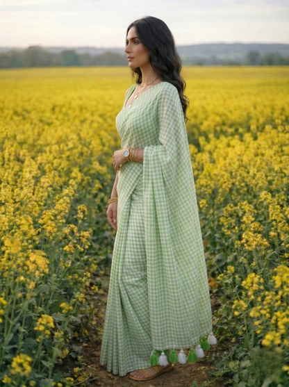 Spring Fern - Pastel Green Gingham Mulmul Cotton Saree