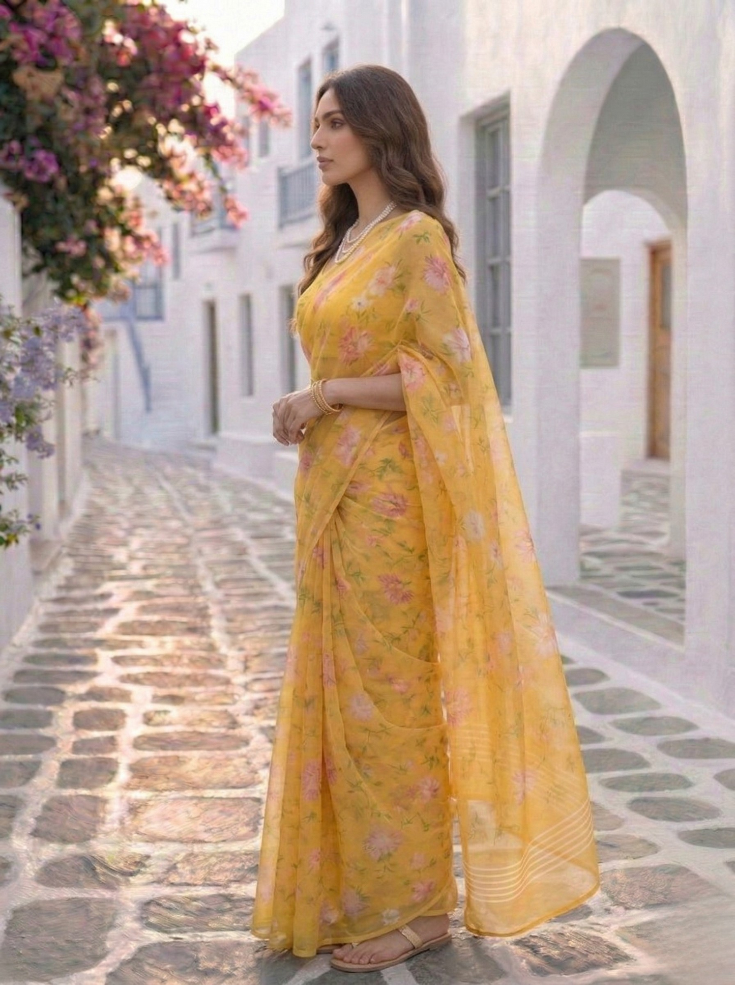 Liora - Yellow Floral Print Pure Chiffon Saree