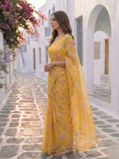 Liora - Yellow Floral Print Pure Chiffon Saree