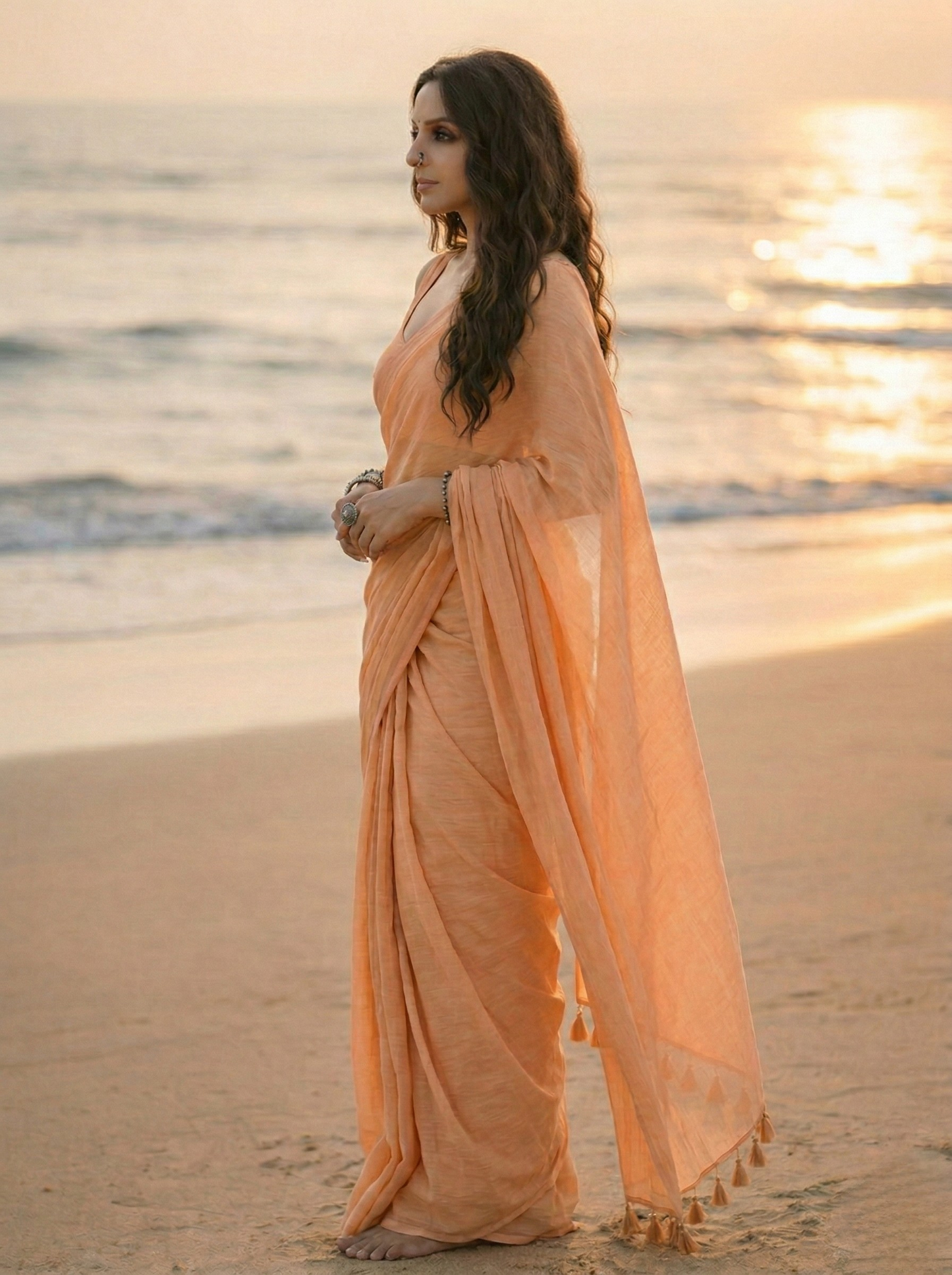 Dusty Rose - Plain Beige Mul Cotton Saree