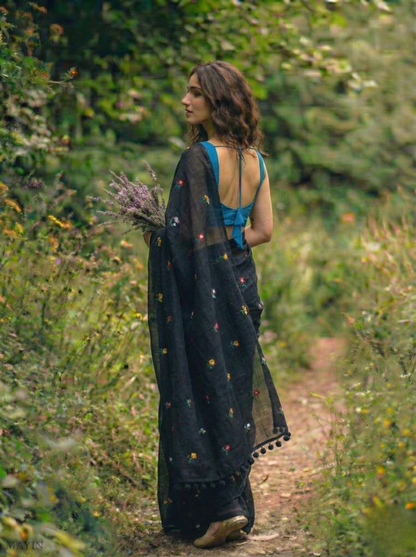 Gardenalia Black - Embroidered Mulmul Cotton Saree