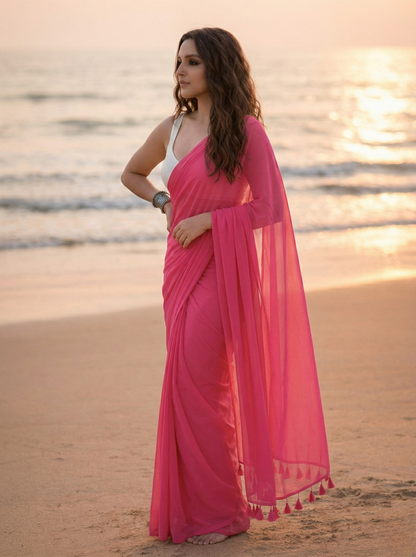 Peony - Plain Rose Pink Mul Cotton Saree