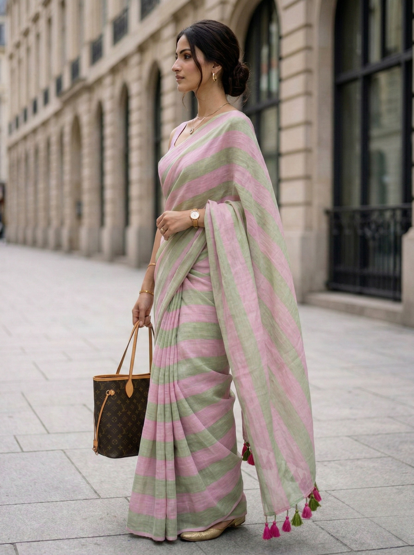 Cassata - Pink Green Striped Mulmul Cotton Saree