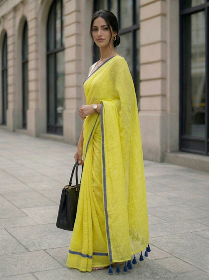 Butter Yellow - Mulmul Cotton Saree with Blue Border