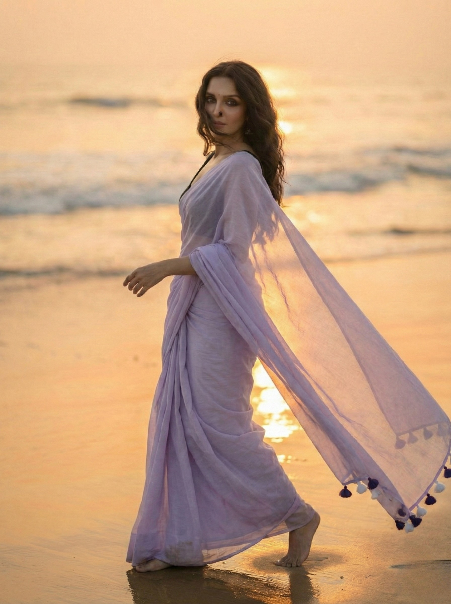Lilac Blush - Plain Purple Mul Saree