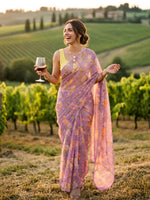 Solenne - Lavender Floral Print Pure Chiffon Partywear Saree