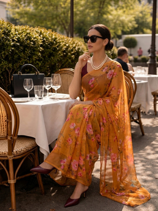 Sunlit Rose - Mustard Yellow Floral Print Pure Chiffon Partywear Saree
