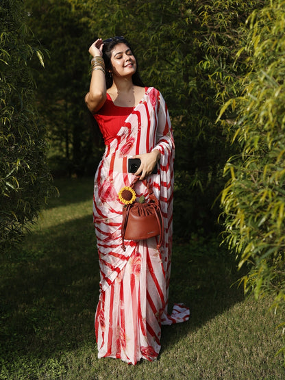 Amélie- Red Floral Pure Chiffon Saree
