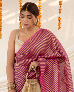 Meera - Magenta Striped Mul Cotton Zari Saree