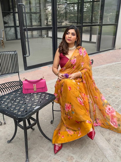 Sunlit Rose - Mustard Floral Print Pure Chiffon Saree