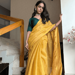 Mustard Handloom Linen Tissue Saree