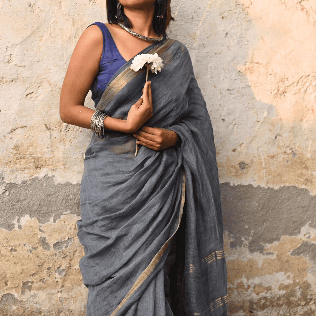 Steel Grey Handloom Linen Saree Thumbnail