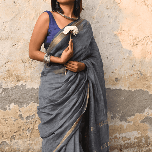 Steel Grey Handloom Linen Saree