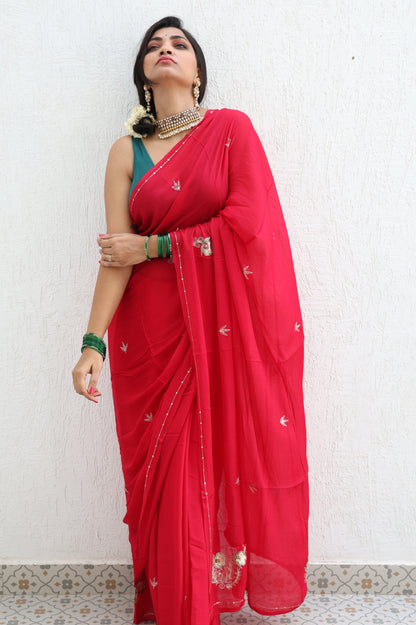 Ripe Cherry Pure Handembroidered Chiffon Saree