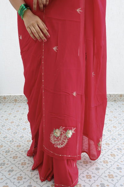 Ripe Cherry Pure Handembroidered Chiffon Saree
