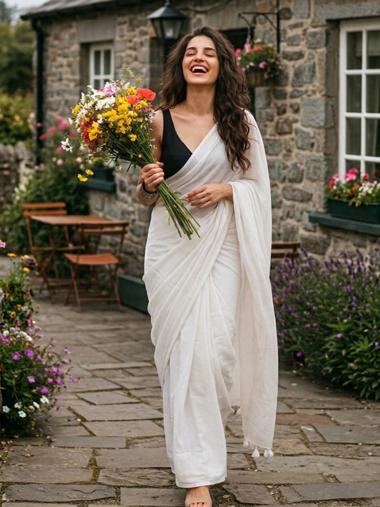 Vanilla Mousse - Plain White Mul Cotton Saree