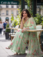 Vintage Green - Floral Printed & Embroidered Chiffon Saree
