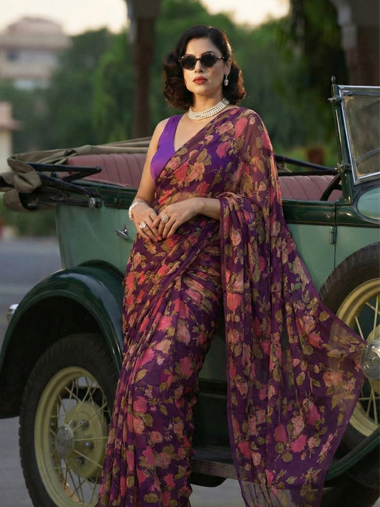 Vintage Wine - Floral Printed & Embroidered Chiffon Partywear Saree