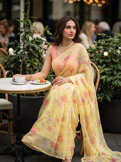 Vintage Yellow - Floral Printed & Embroidered Chiffon Partywear Saree
