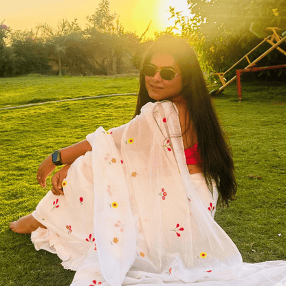 Gardenalia White Mul Saree