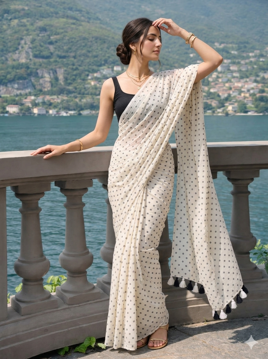 Moonlit Pearl - White Polka Dot Modal Cotton Saree