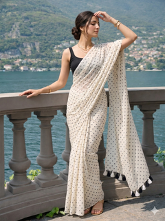Moonlit Pearl - White Polka Dot Modal Cotton Saree