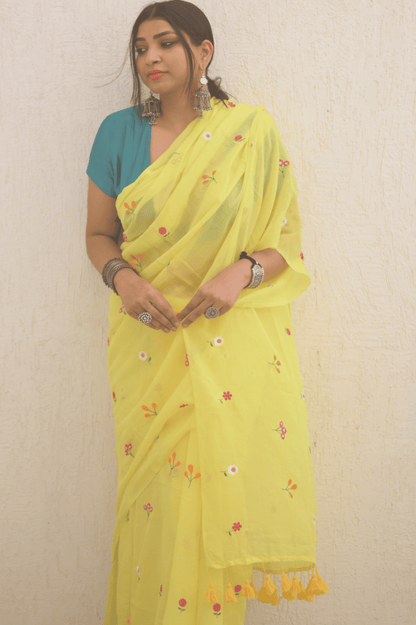 Gardenalia Yellow Mul Saree - Mayin India 