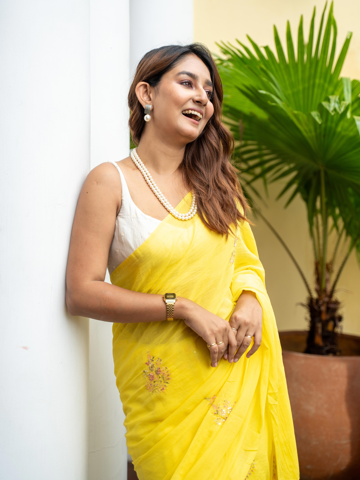 MAYIN India yellow embroidered pure mulmul cotton saree