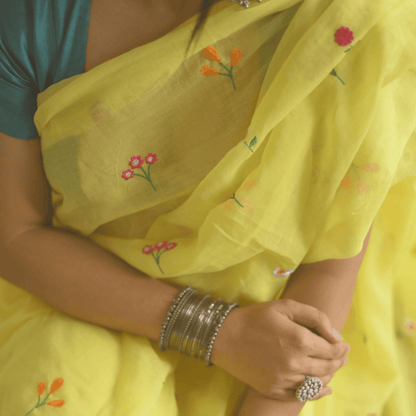 Gardenalia Yellow Mul Saree