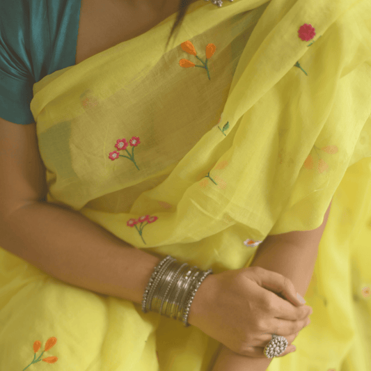 Gardenalia Yellow Mul Saree