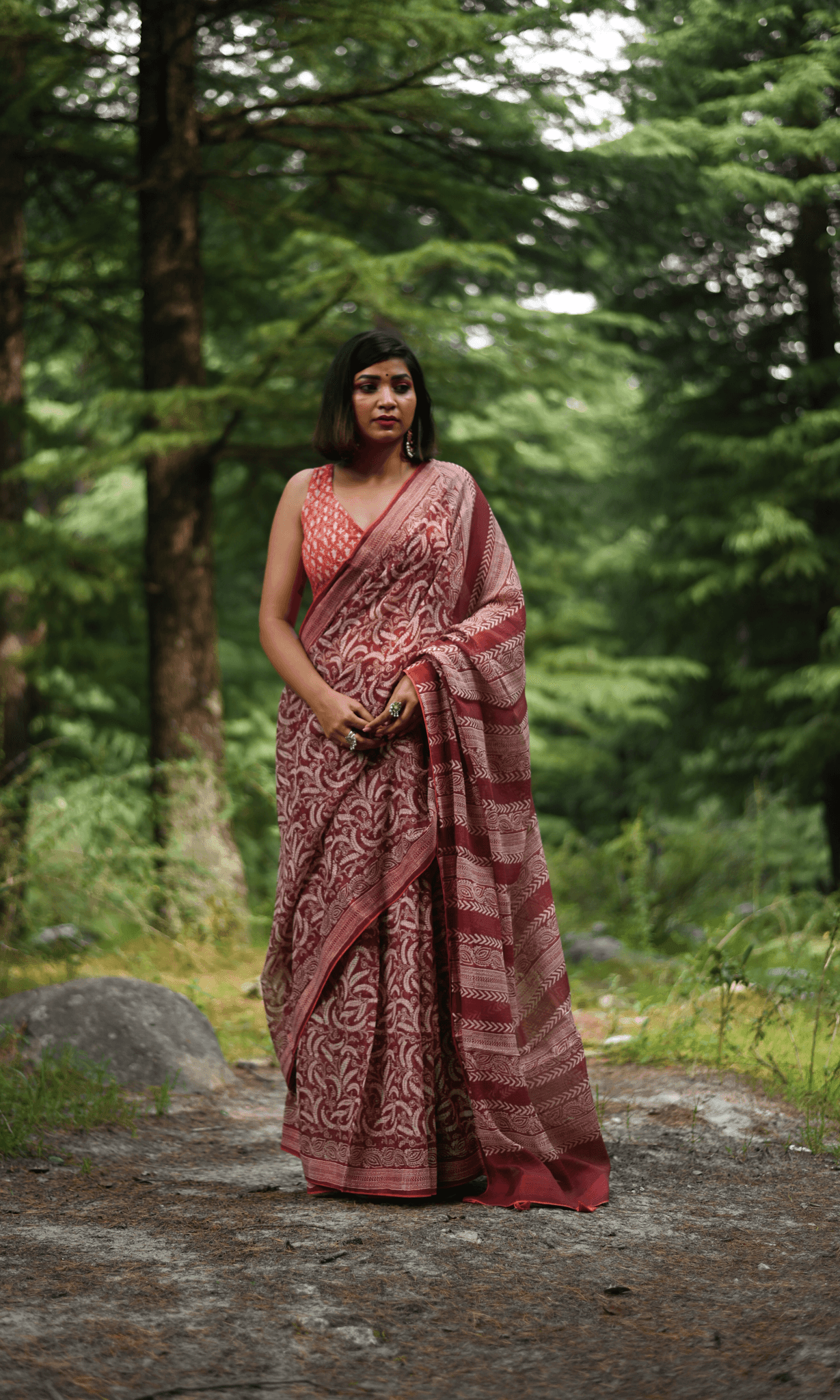 Maroon handprinted handwoven Kota doria saree - Mayin India 