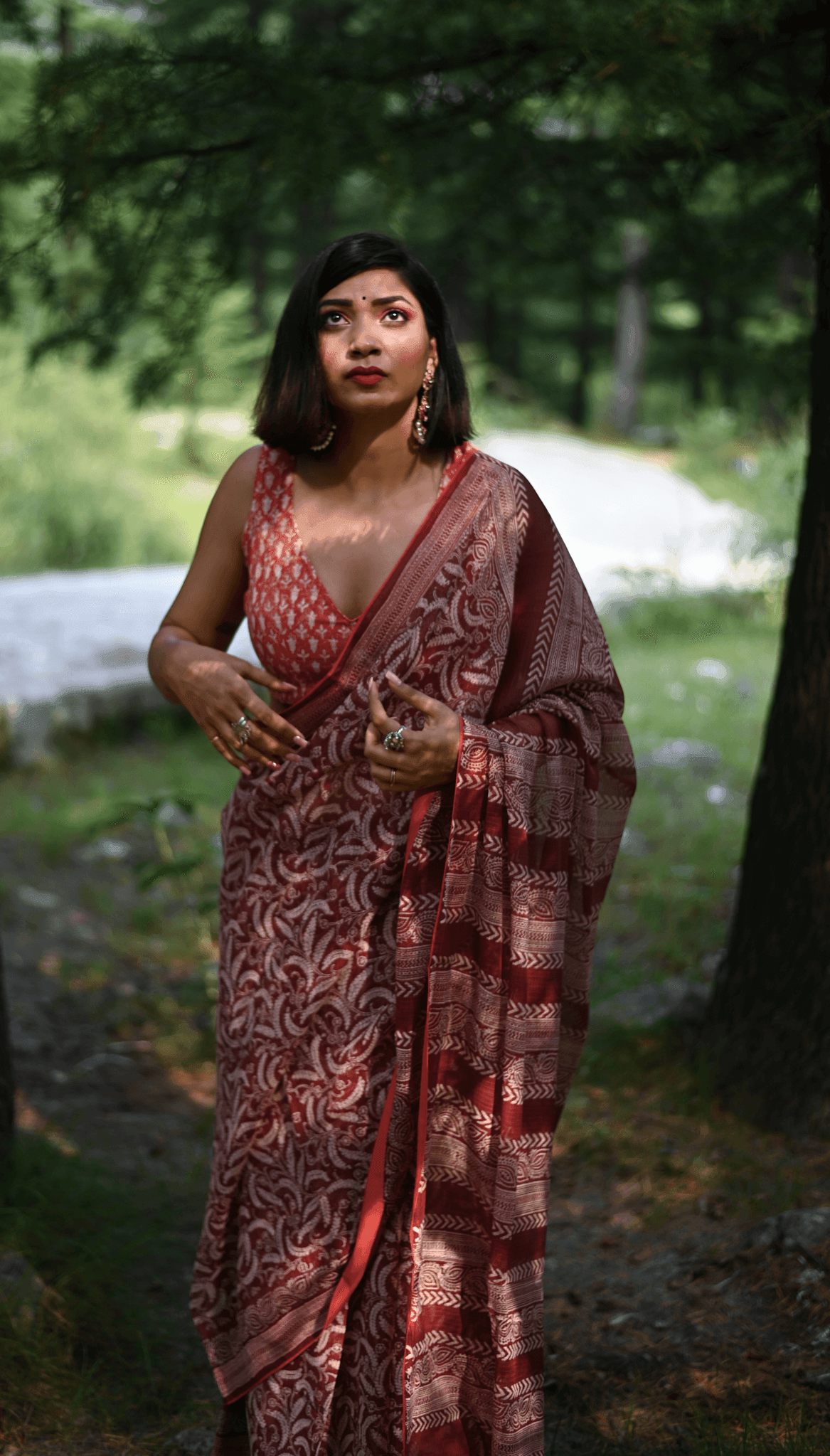Maroon handprinted handwoven Kota doria saree - Mayin India 